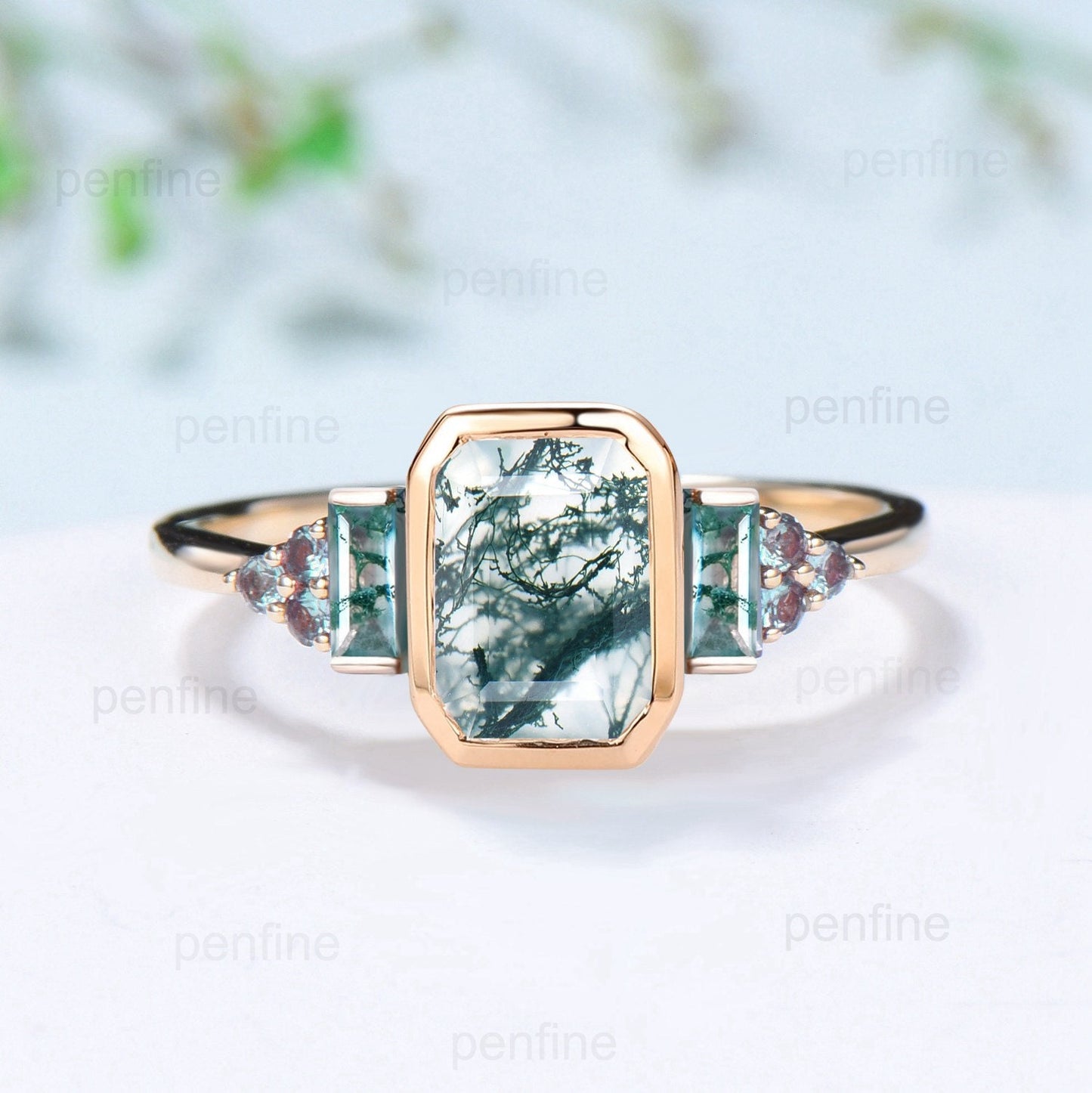 Bezel Set Emerald Cut Moss Agate Engagement Ring Unique Baguette Aquatic Ring Alexandrite Wedding Ring 14K Yellow Gold Anniversary Ring - PENFINE