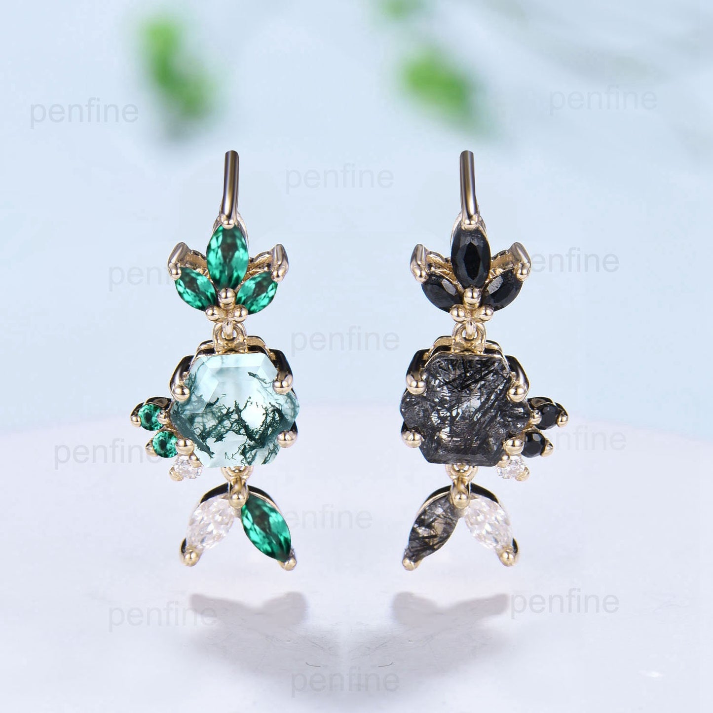 Unique green agate earrings rutilated quartz earrings Fish Black Stud Moss Agate Emerald Earrings Women rose gold black crystal earrings - PENFINE