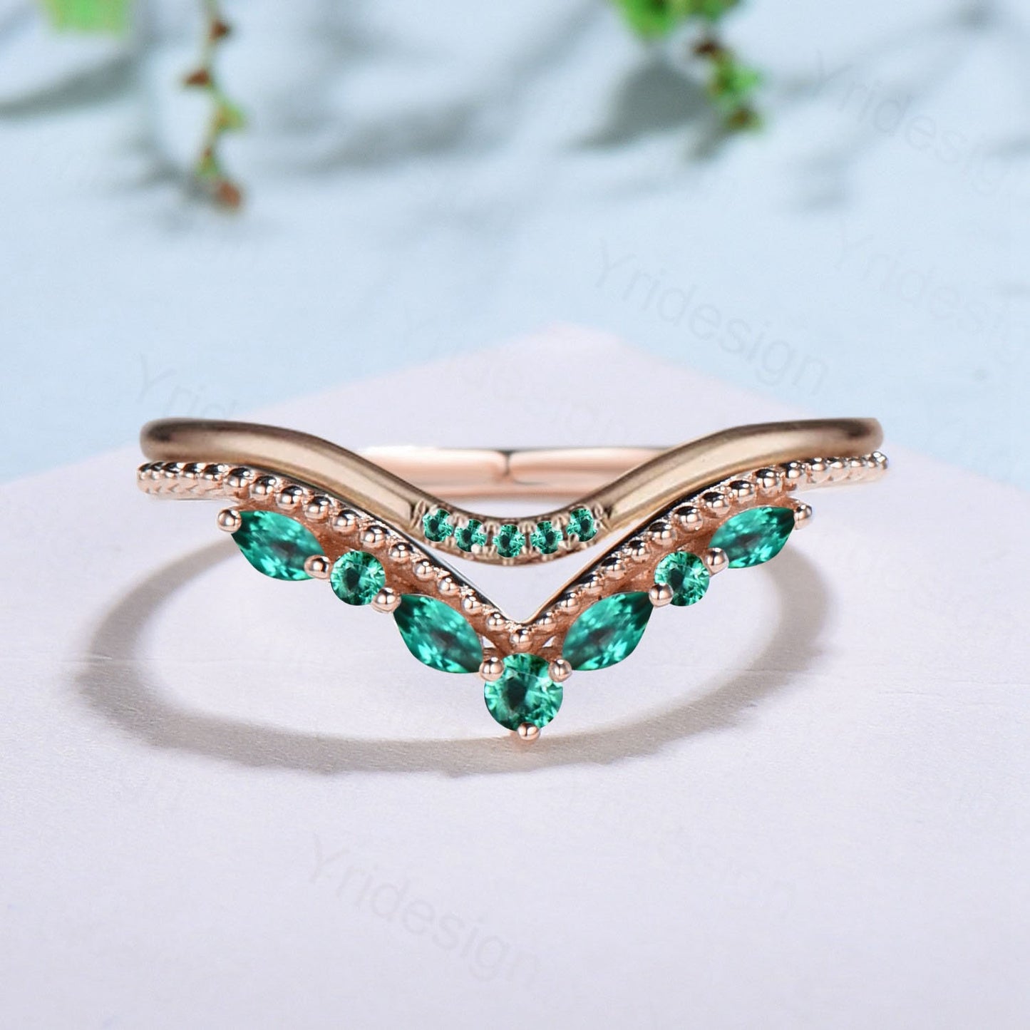 Vintage Emerald Wedding Band Marquise c yellow gold eternity lab emerald wedding ring Unique milgrain Stacking ring matching band for women - PENFINE