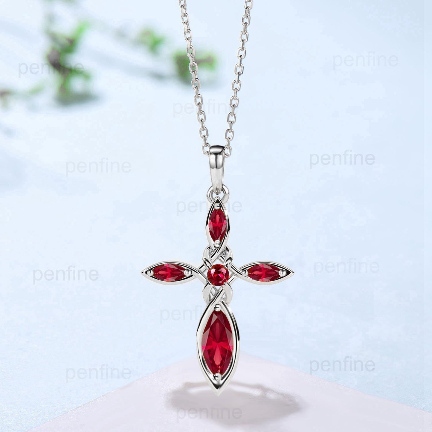 Norse Viking lab red ruby necklace Silver rose gold minimalist Personalized marquise ruby pendant women Celtic Jewelry Cross Necklace gift - PENFINE
