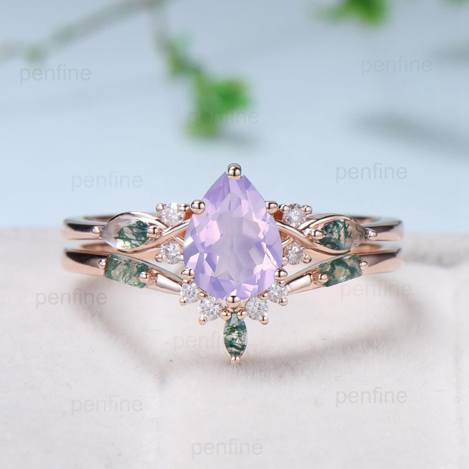 Sale Amethyst engagement ring set vintage rose gold Unique pear shape engagement ring diamond wedding ring Bridal anniversary ring gift women