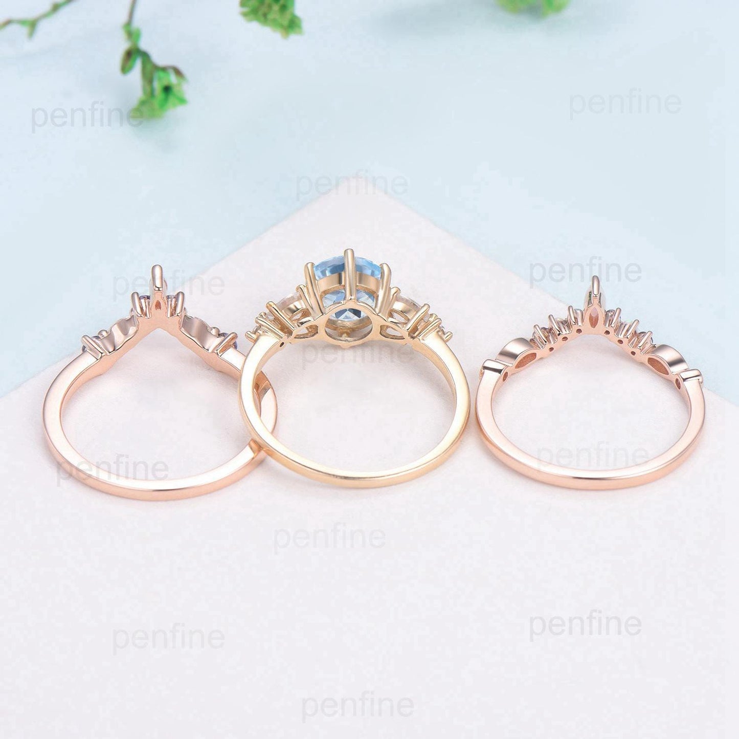 Vintage aquamarine engagement ring set | Unique solid gold opal aquamarine five stone wedding set | Art deco opal alexandrite bridal set - PENFINE