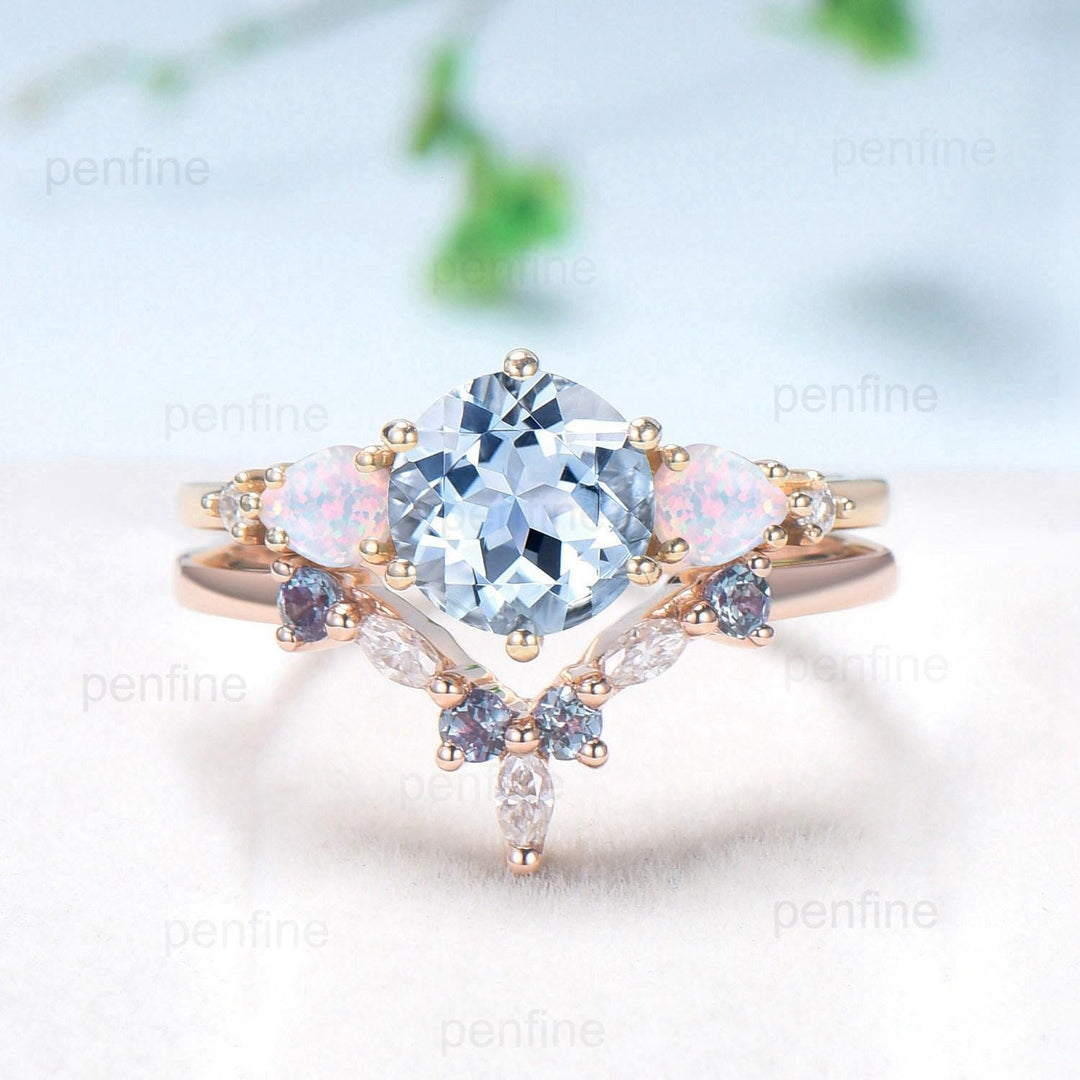 Vintage aquamarine engagement ring set | Unique solid gold opal aquamarine  five stone wedding set | Art deco opal alexandrite bridal set - PENFINE