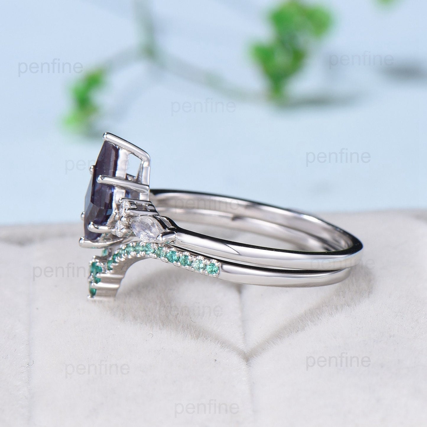 Vintage kite cut alexandrite engagement ring set seven stone marquise moonstone unique moonstone wedding ring set dainty emerald bridal set - PENFINE
