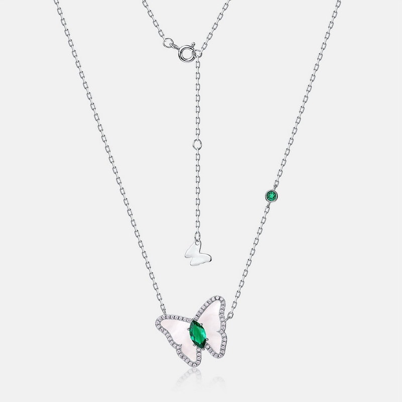 Vintage Butterfly Emerald Necklace Unique White Shell Lab Emerald Pendant Necklace Dainty Pendant Natural necklace Anniversary gift for wife - PENFINE
