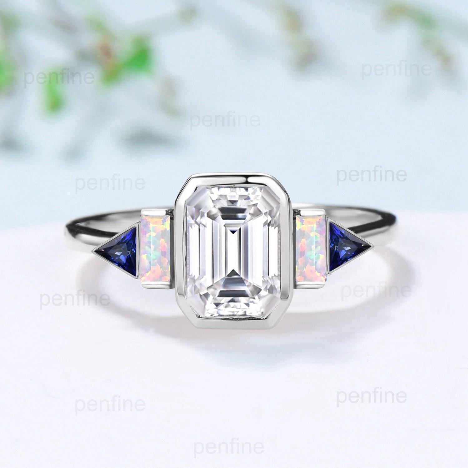 Bezel 2024 Set 2.55 TCW Emerald cut With Tapper and triangle Moissanite Ring, Engagement Ring, Wedding Ring, Fun Ring, Anniversary Gift,