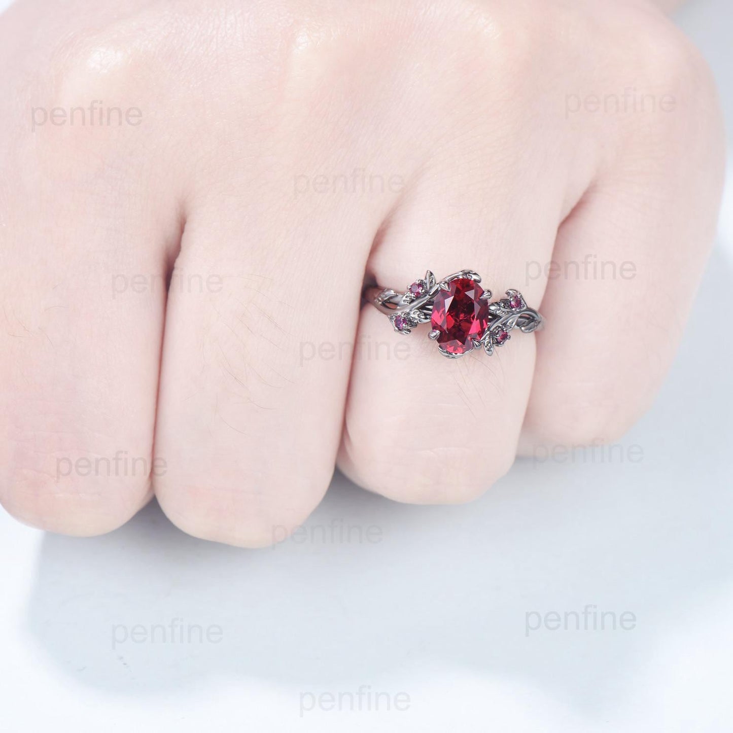 Elegant Black Gold Ruby Ring Vintage Lab Ruby Engagement Ring Leaf Cluster Ruby Wedding Women July birthstone Natural inspired Branch Ring - PENFINE