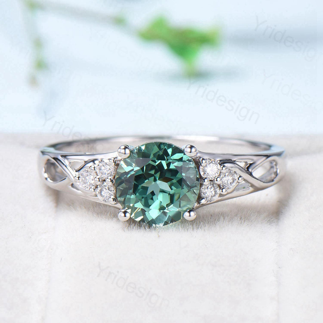 Vintage Green Sapphire Engagement Ring White Gold Solid 10K/14K/18K Gold Unique Cluster Moissanite Diamond Wedding Ring Anniversary gift - PENFINE