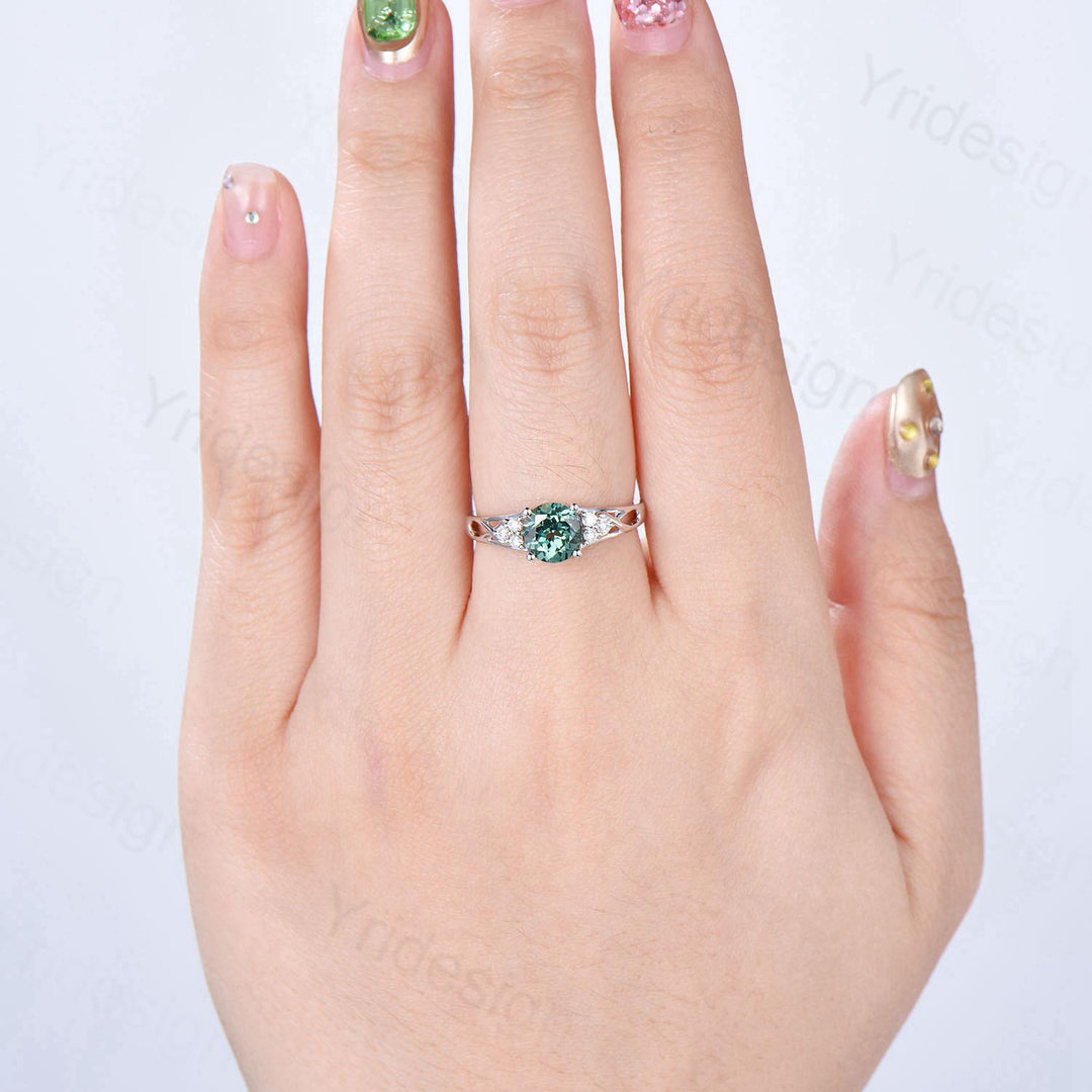 Vintage Green Sapphire Engagement Ring White Gold Solid 10K/14K/18K Gold Unique Cluster Moissanite Diamond Wedding Ring Anniversary gift - PENFINE