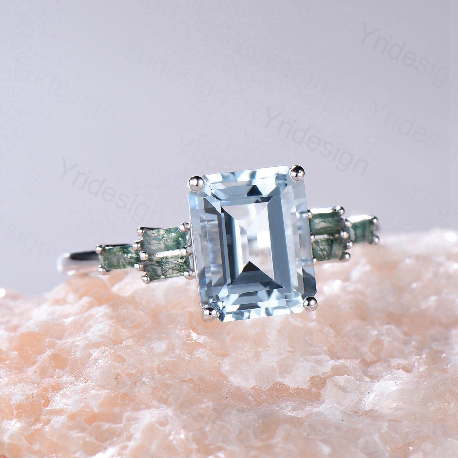 Emerald Cut Aquamarine 2024 with Diamond Baguettes Silver 925 Ring Sz 7 & 8