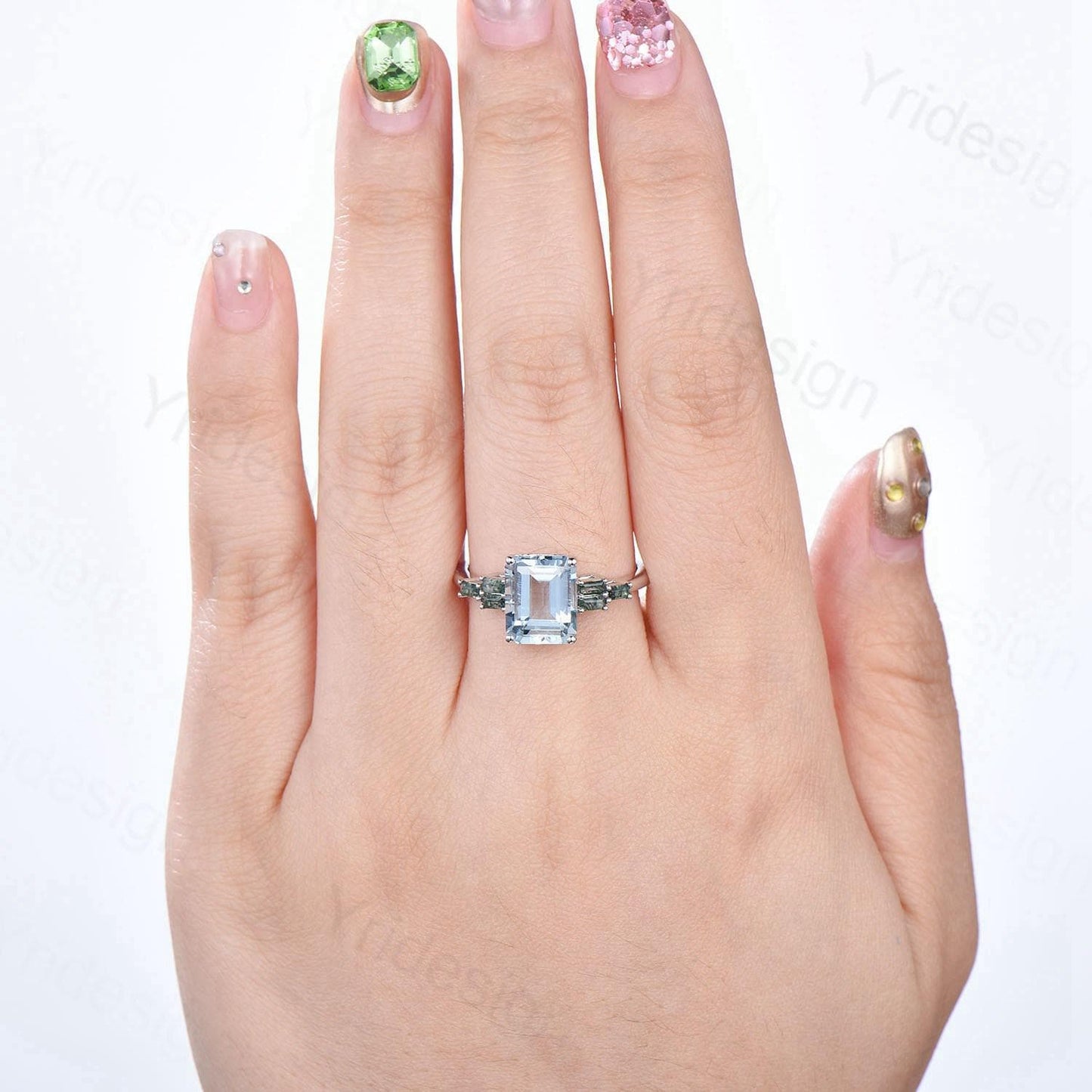 Unique 4CT Emerald Cut Aquamarine Engagement Ring Retro Cluster Baguette Moss Agate 7 Stones Wedding Ring Vintage Anniversary Gift Women - PENFINE