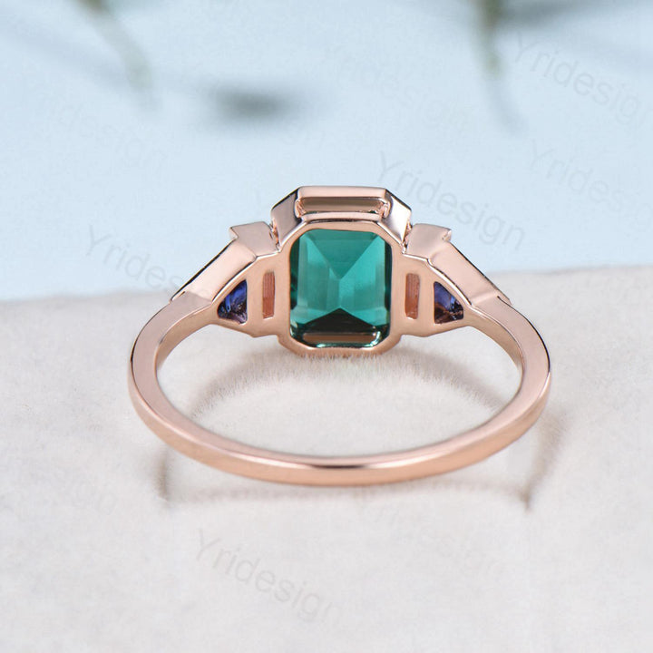 Unique Bezel Set Emerald Cut Green Sapphire Engagement Ring Retro Baguette Opal Trillion Blue Sapphire Wedding Ring Vintage Anniversary Gift - PENFINE