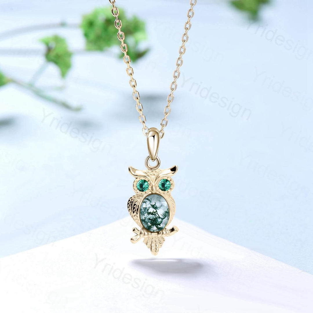 Unique Owl Moss Agate Necklace Personalized Pendant Necklace Silver 18k White Gold Emerald Pendant Night Owl Animal Inspired Promise Gift - PENFINE
