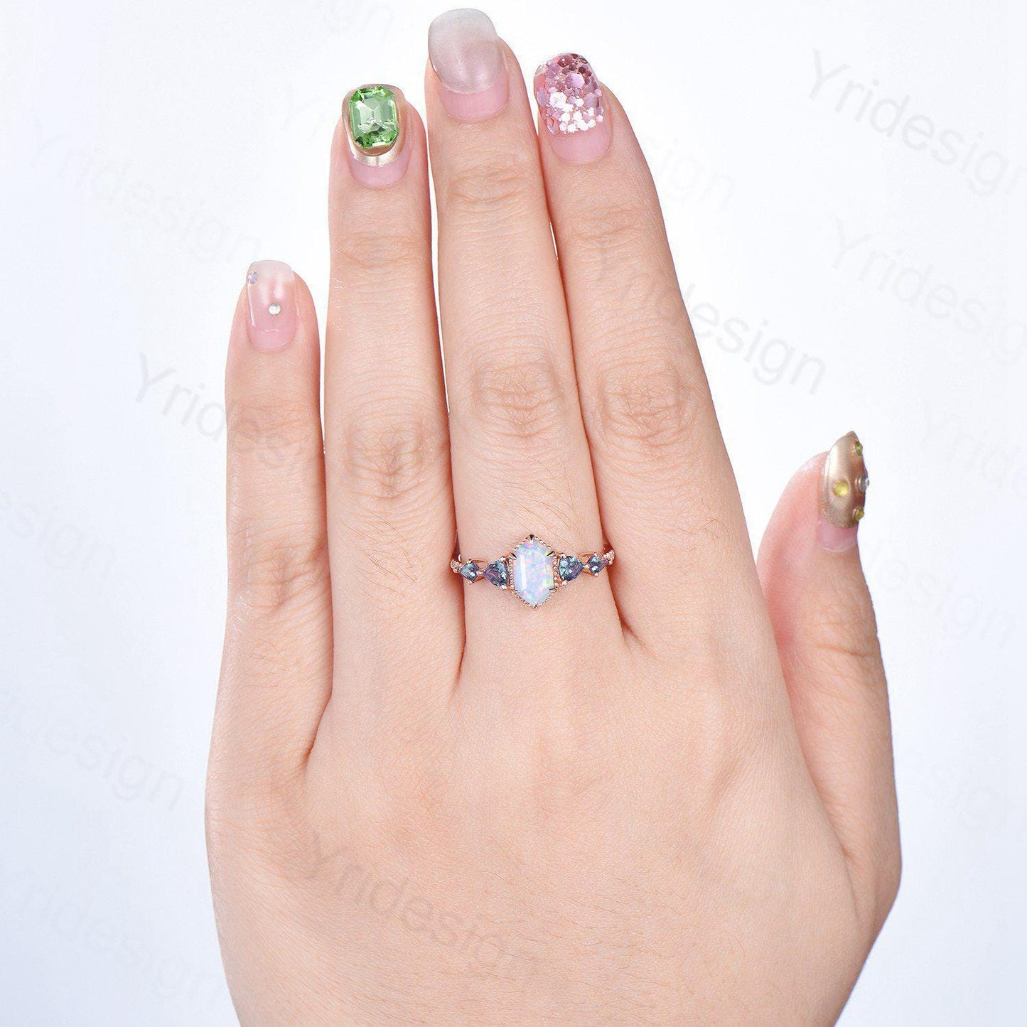 Vintage long hexagon opal engagement ring rose gold triangle kite alexandrite fire opal wedding ring rose gold October birthstone ring gift - PENFINE