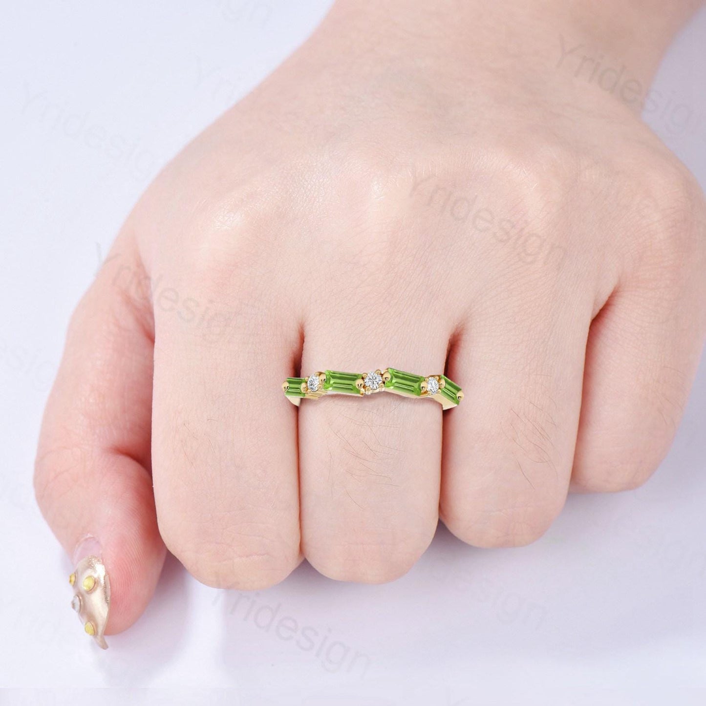 Vintage Peridot Eternity Wedding Band Women Unique Baguette August Birthstone Stackable Ring Delicate Matching Band Anniversary Gift for Mom - PENFINE