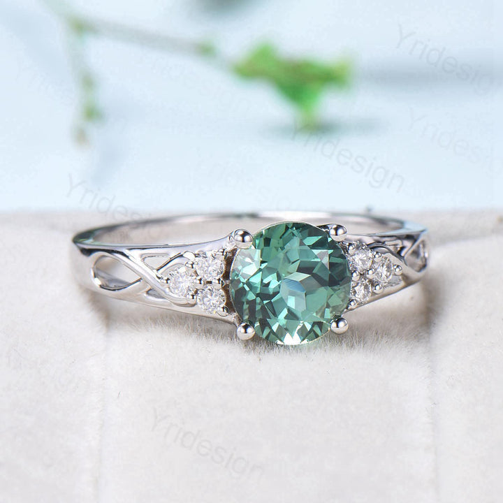 Vintage Green Sapphire Engagement Ring White Gold Solid 10K/14K/18K Gold Unique Cluster Moissanite Diamond Wedding Ring Anniversary gift - PENFINE