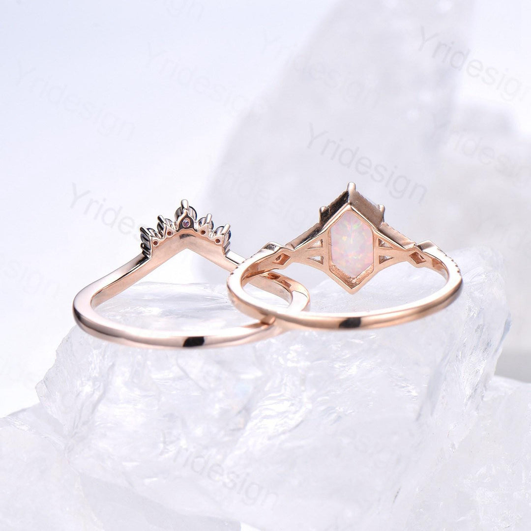 Vintage Long Hexagon White Opal Ring Set, Rose Gold Engagement Ring Set, Art Deco Blue Sapphire Stacking Band, Oval Cut Fire Opal Bridal Set - PENFINE