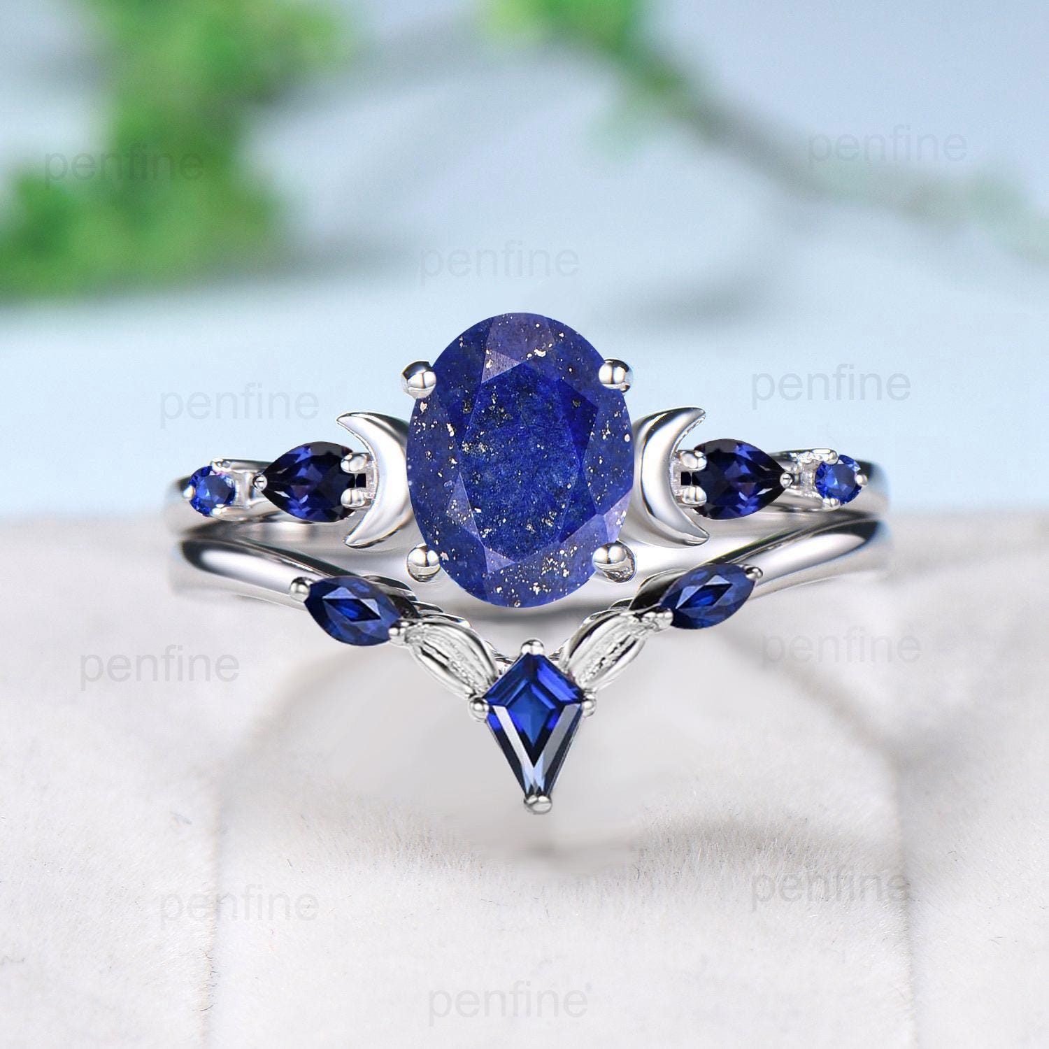 Art Deco Lab Sapphire deals Engagement Ring Set, Vintage Sapphire Wedding Set, Blue Sapphire Bridal Promise Ring Set, 14k Gold Sapphire Ring Set.