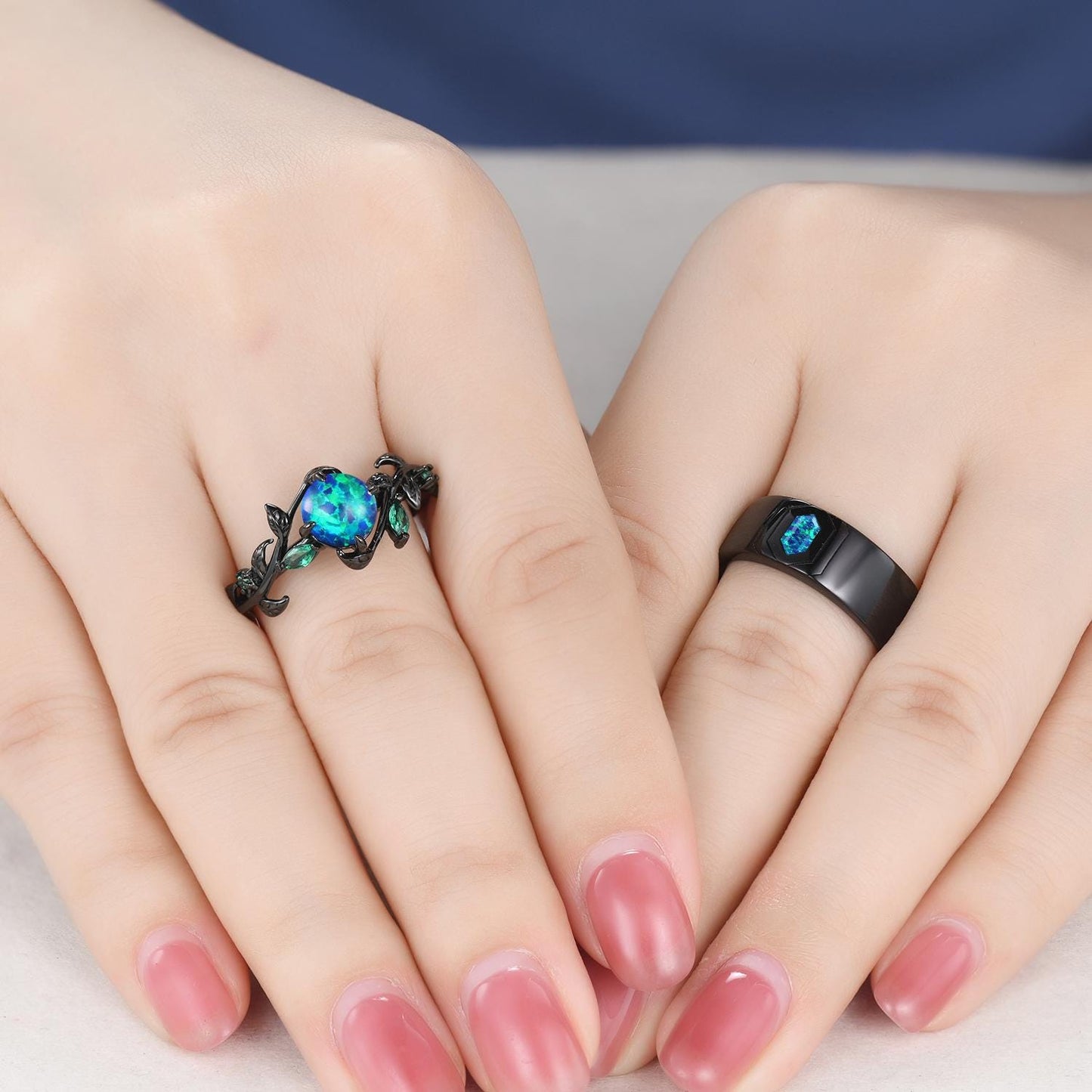 Gothic Black Opal Wedding Ring Set: Black Gold Couple Rings