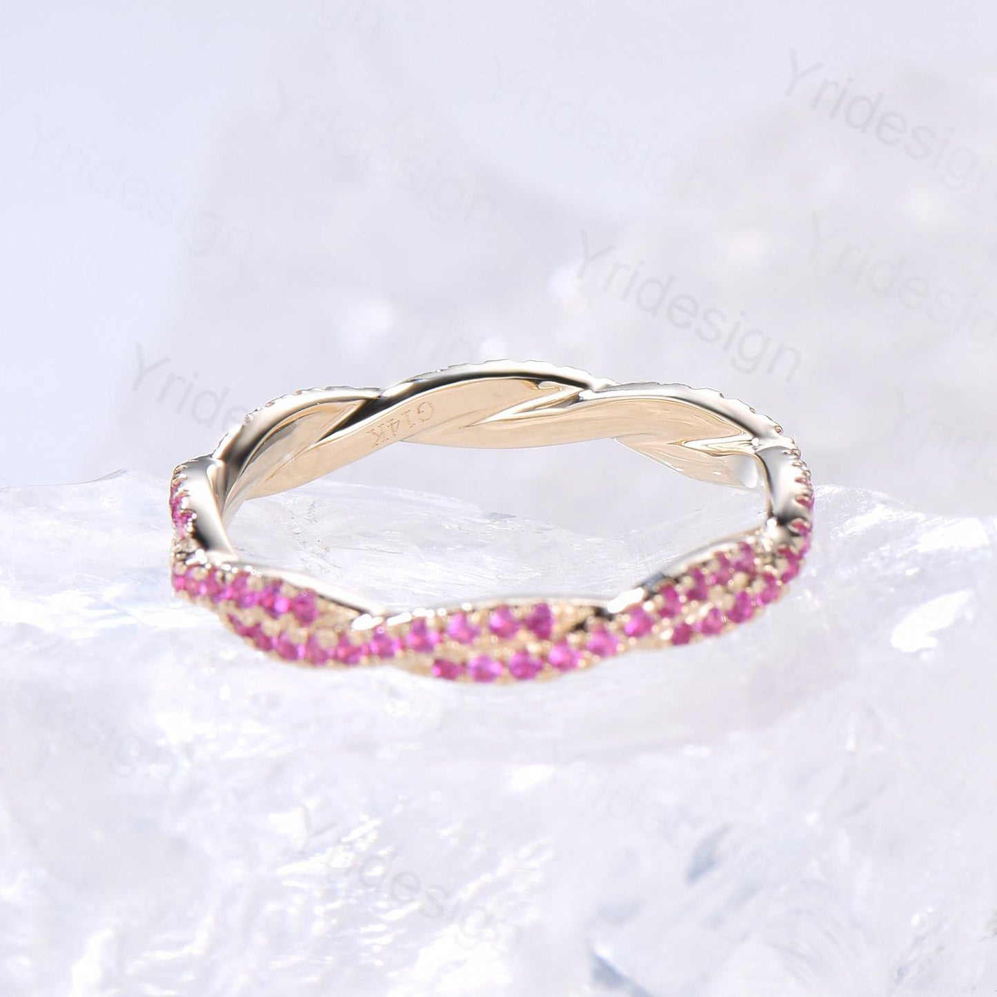 Solid 14k yellow gold ruby wedding band, twisted shape full eternity ruby wedding ring, retro stackable band engagement anniversary gift - PENFINE