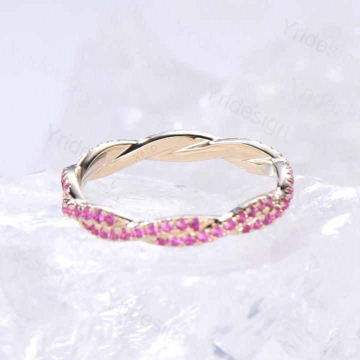 Solid 14k yellow gold ruby wedding band, twisted shape full eternity ruby wedding ring, retro stackable band engagement anniversary gift - PENFINE