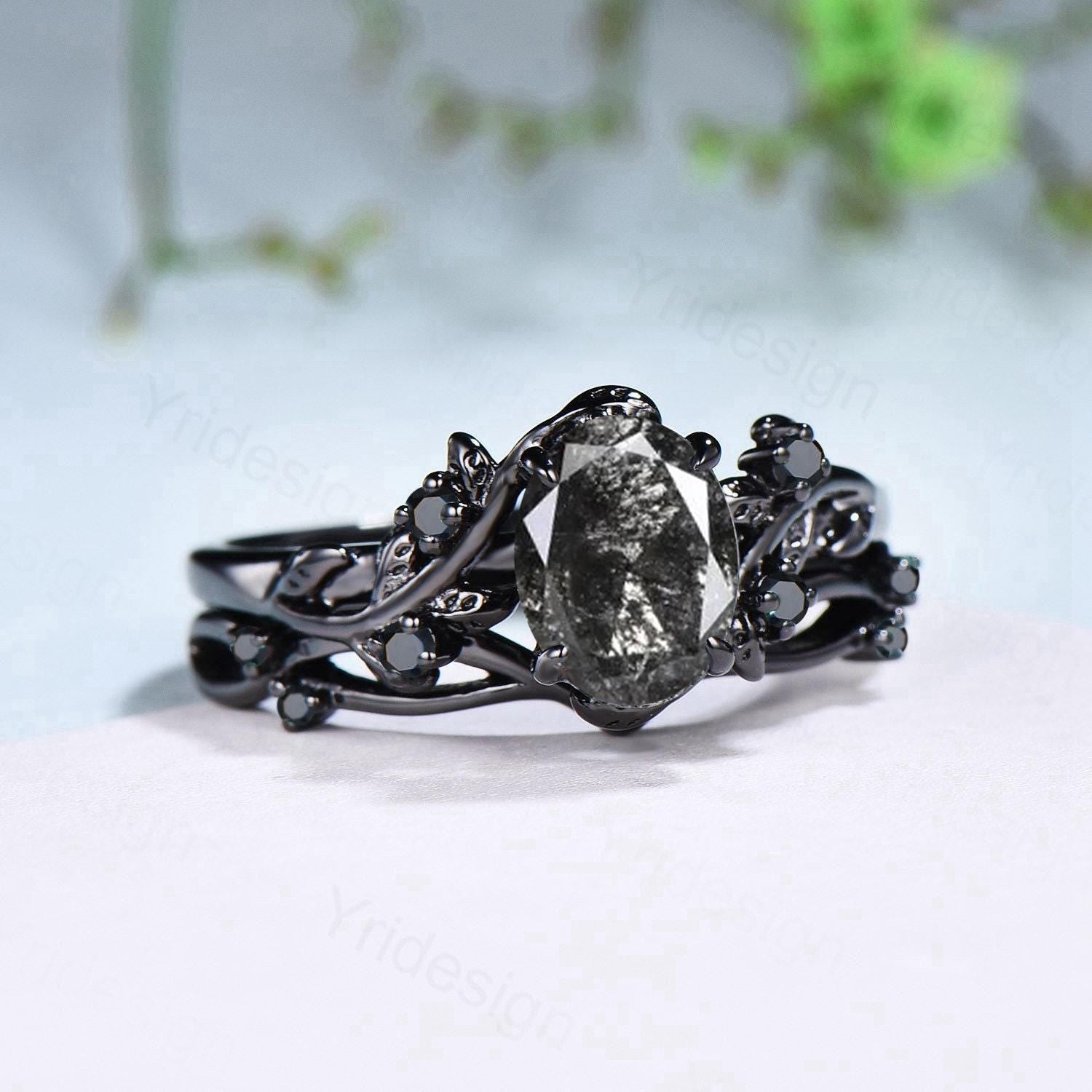 Handmade unique engagement ring black spinel solitaire ring white gold marquise store cut black gemstone