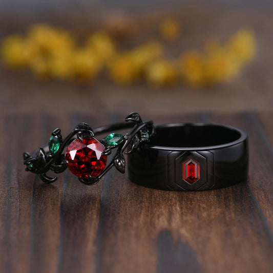 Gothic Red Garnet Engagement Ring Set: Black Gold Leaf Band