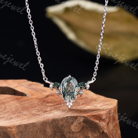 Moss Agate Leaf Vine Pendant Necklace, Nature Inspired