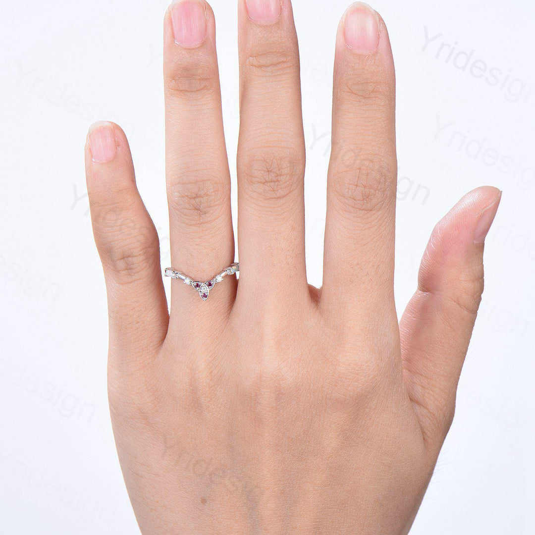 Norse Viking opal ruby wedding band women baguette opal wedding ring rose gold cute curved stacking matching band Promise anniversary gift - PENFINE