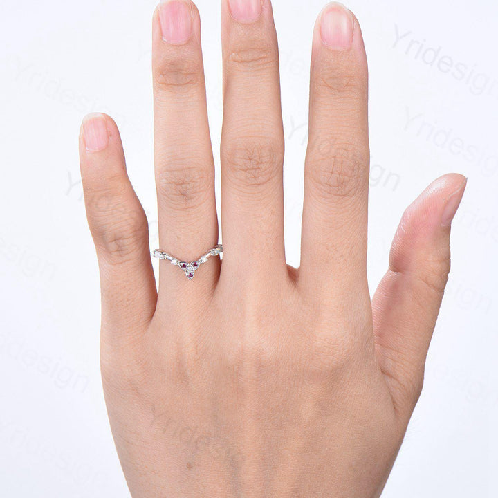 Norse Viking opal ruby wedding band women baguette opal wedding ring rose gold cute curved stacking matching band Promise anniversary gift - PENFINE