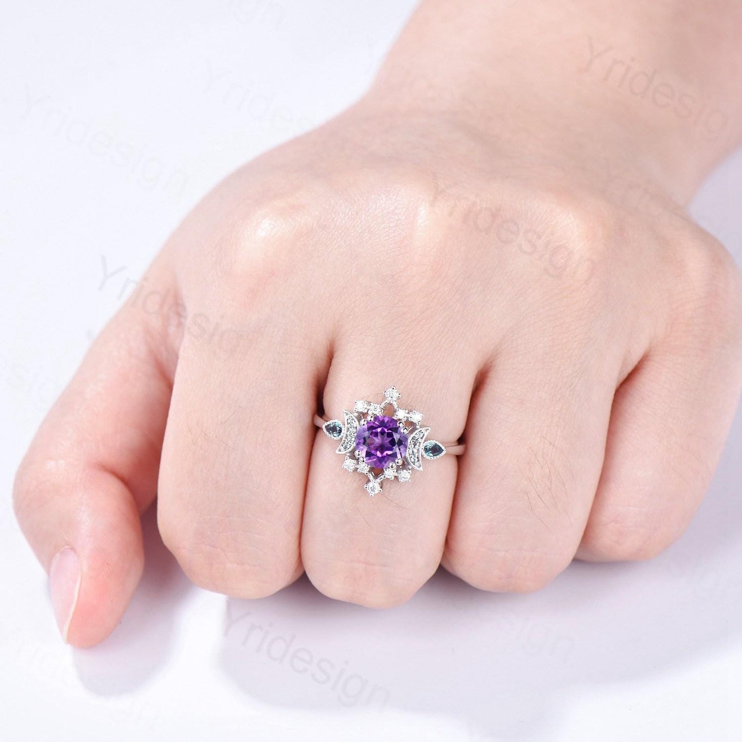 Vintage Purple Amethyst Engagement Ring Fancy Crescent Moon Alexandrite Wedding Ring Galaxy Star Art Deco Anniversary Ring Gift for Women - PENFINE