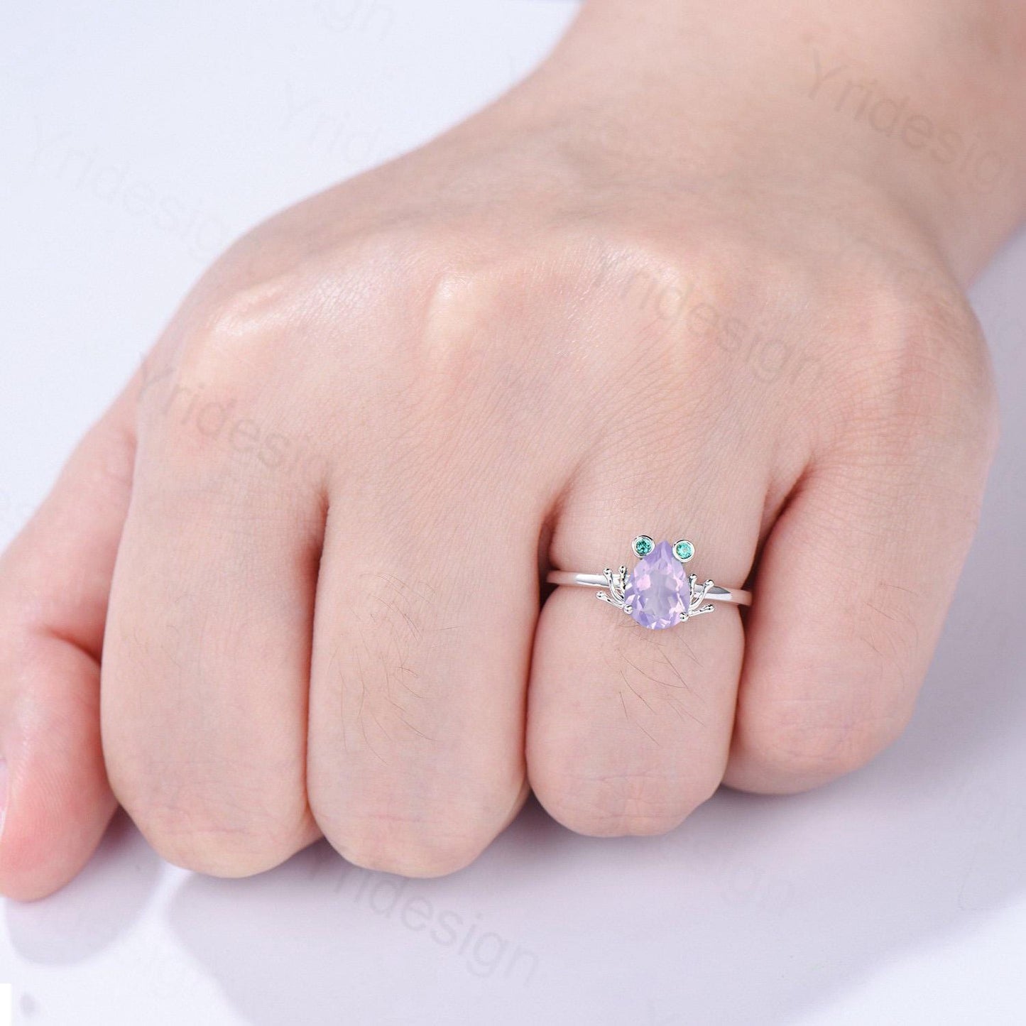 Unique Frog ring, Art Deco Lavender Amethyst engagement ring set, Animal inspired green moss agate wedding set, Anniversary promise ring - PENFINE