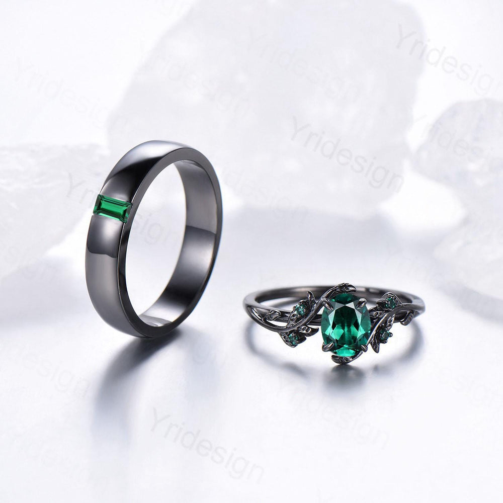 Couples ring set black gold emerald wedding ring set vintage bridal ring men and women His Hers engagement ring promise anniversary gift - PENFINE