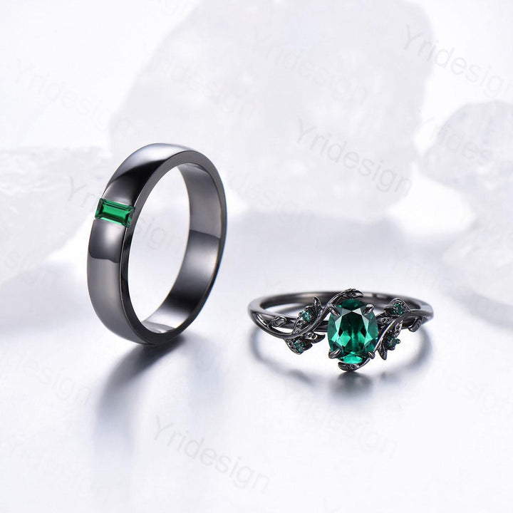 Couples ring set black gold emerald wedding ring set vintage bridal ring men and women His Hers engagement ring promise anniversary gift - PENFINE