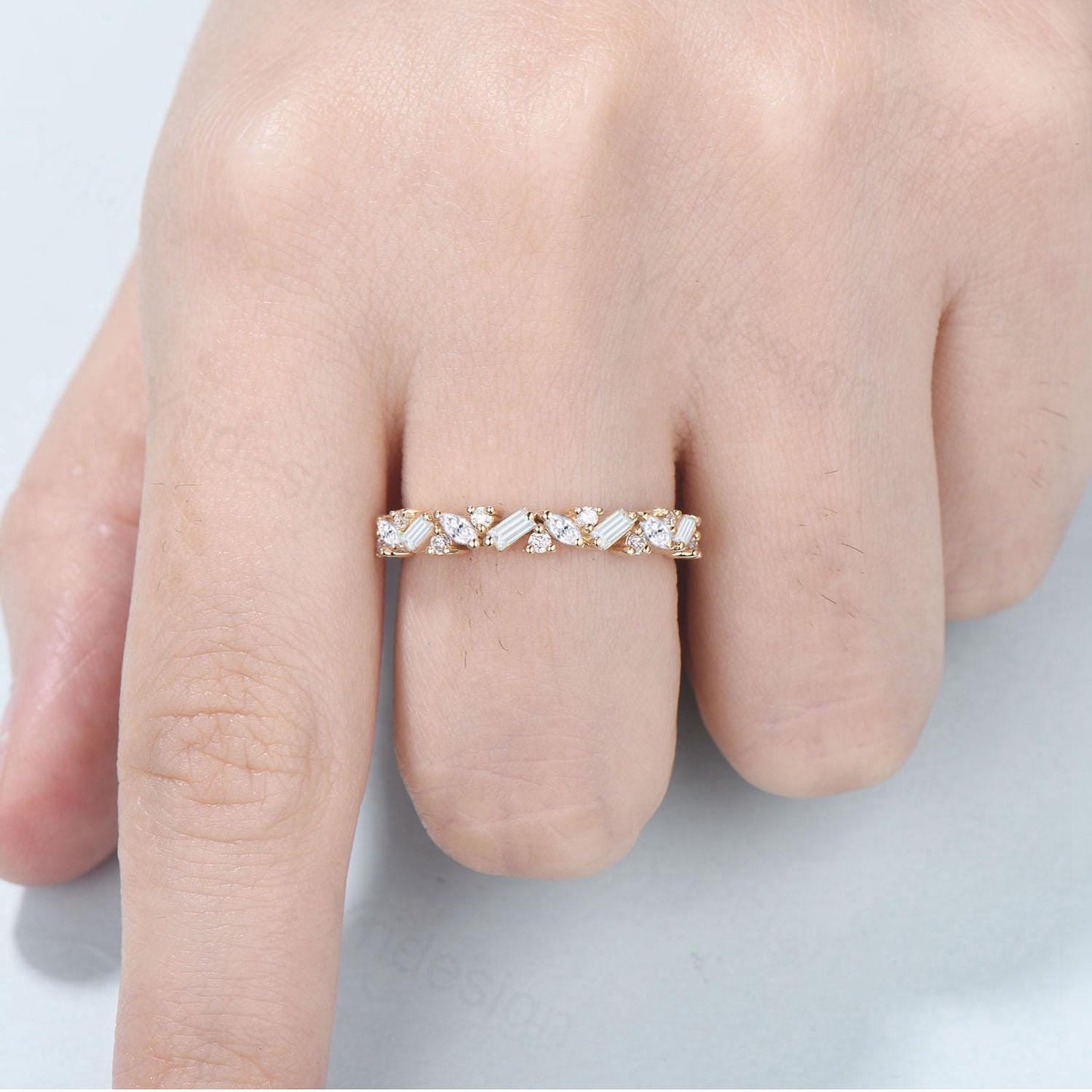Vintage Moissanite Eternity Wedding Band Women Unique Cluster Baguette Moissanite Stackable Ring Marquise Matching Band Bridal promise gift - PENFINE
