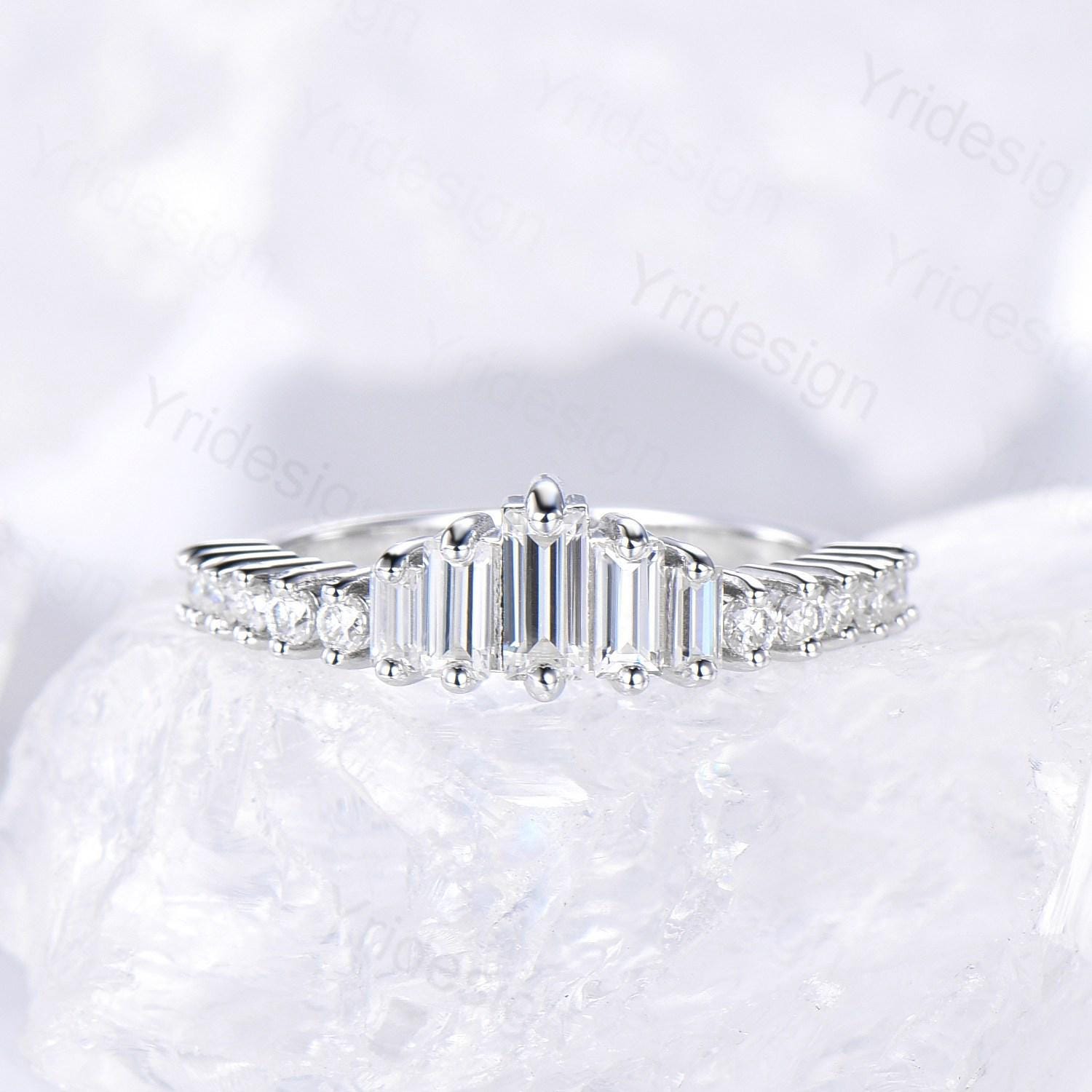 Art Deco Wedding Band, Baguette With Round Brilliant Cut Moissanite Engagement Band, Matching Band For Anniversary popular Ring, Unique Design Ring