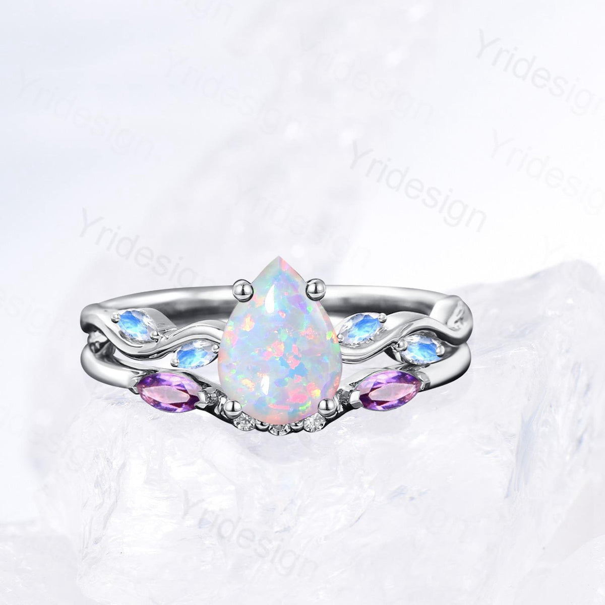 Vintage Pear Shaped White Opal Engagement Ring Set Unique Marquise Moonstone Opal Wedding Ring Set Rose Gold Amethyst Stacking Band Women - PENFINE