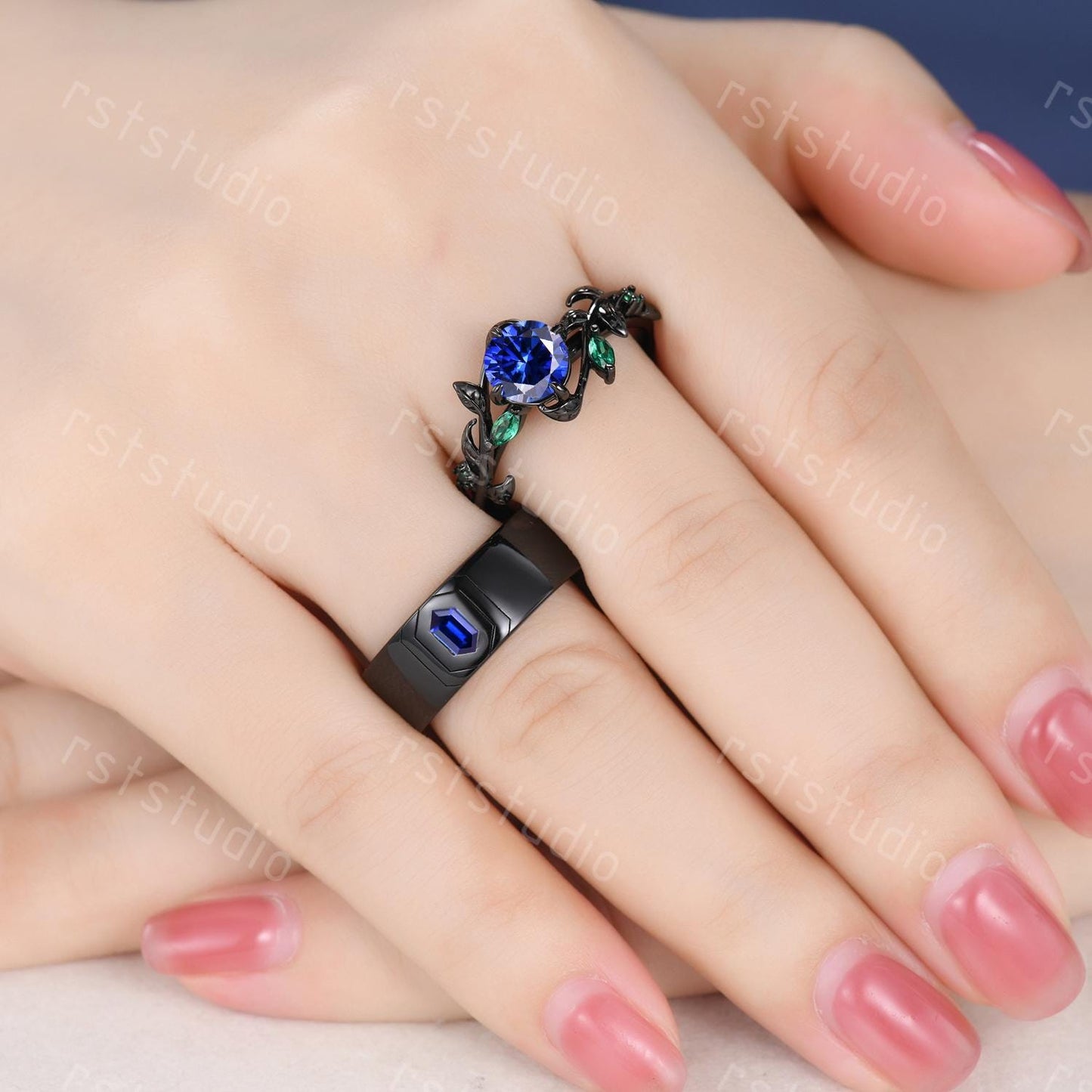 Vintage Blue Sapphire Couples Ring Set: Black Gold Wedding Bands