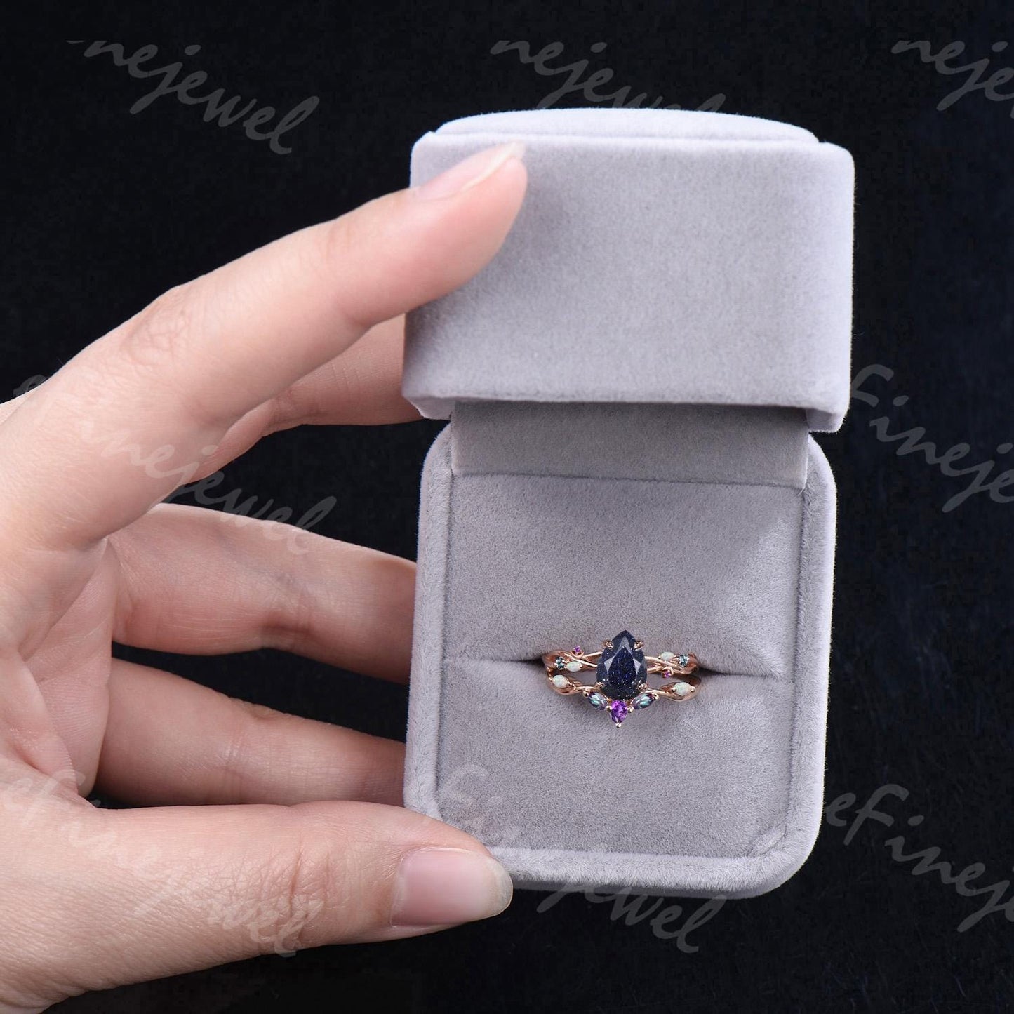 Pear Blue Sandstone Engagement Ring Set, Amethyst Opal Cluster, Gold Moon Wedding - PENFINE