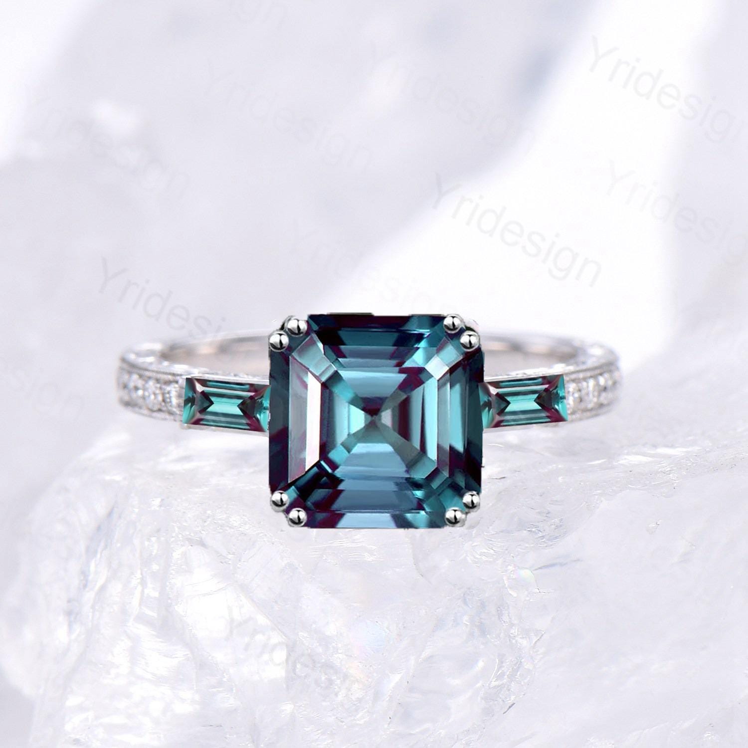 Asscher cut engagement ring fashion alexandrite wedding ring color changing stone June birthstone