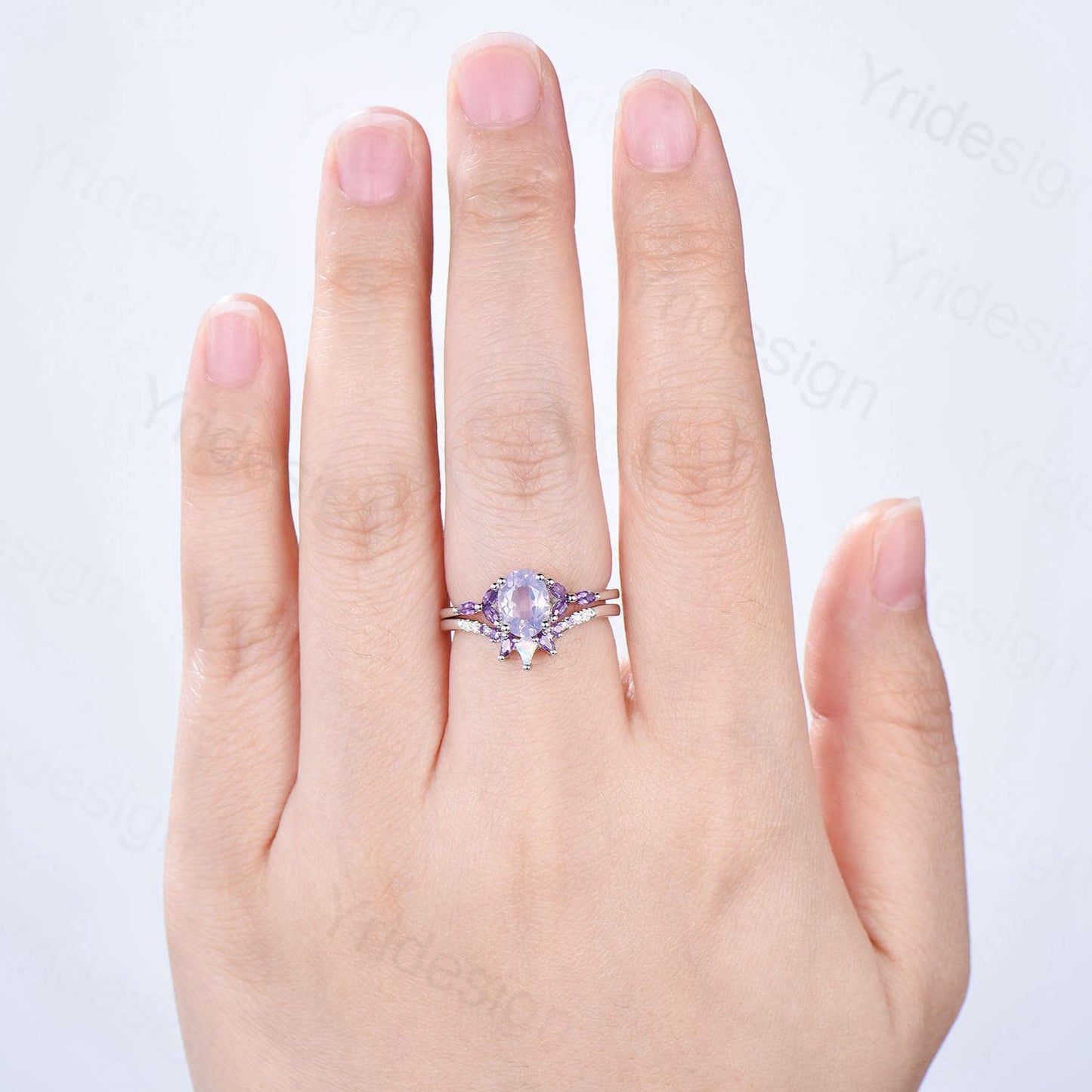 Vintage Oval natural Lavender Amethyst Engagement Ring Set Unique Seven Stone Marquise Amethyst Wedding Bridal Set February Birthstone Gift - PENFINE
