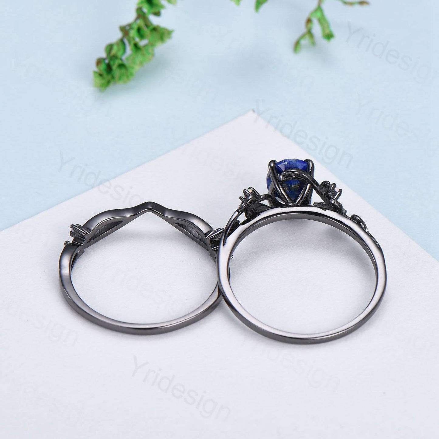 Natural Inspired black gold green sapphire wedding ring set unique leaf engagement ring Art deco cluster opal band ring women Bridal Set - PENFINE