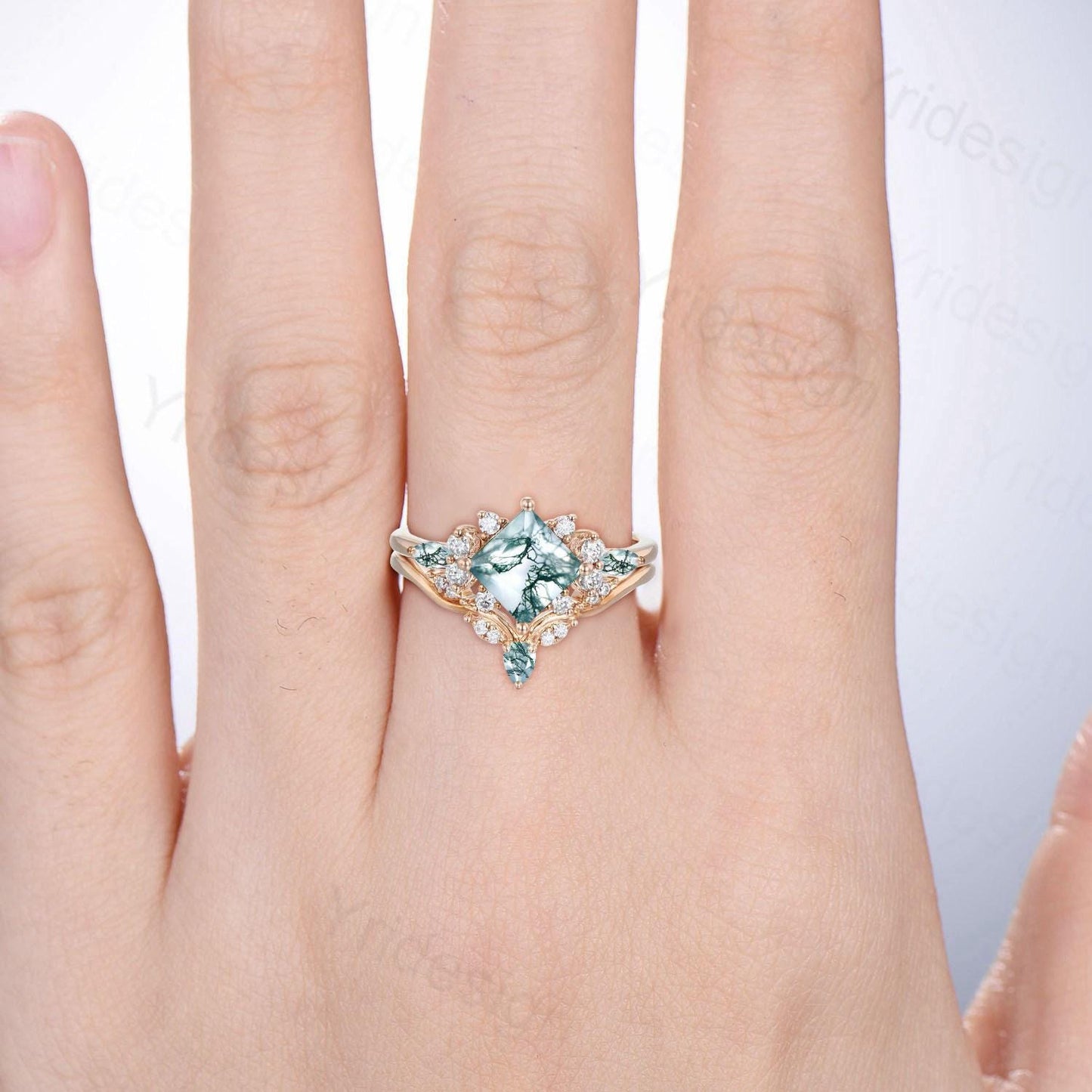Princess Cut Nature Green Moss Agate Engagement Ring 14K Rose Gold Cluster Bridal Ring Set Unique Art Deco Moissanite Bridal Ring For Women - PENFINE