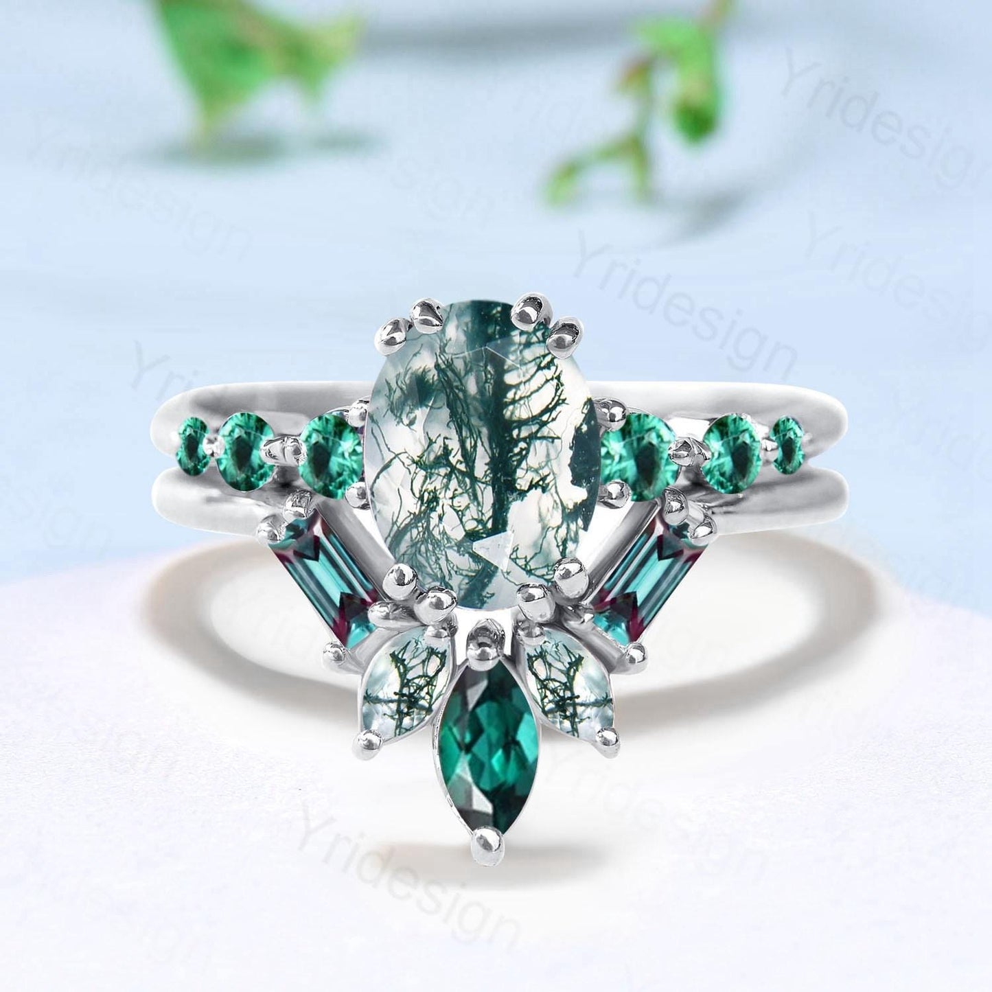 1.5CT Natural Oval Green Moss Agate Engagement Ring Set Unique Seven Stone Alexandrite Emerald Bridal Set Unique Anniversary Ring For Women - PENFINE