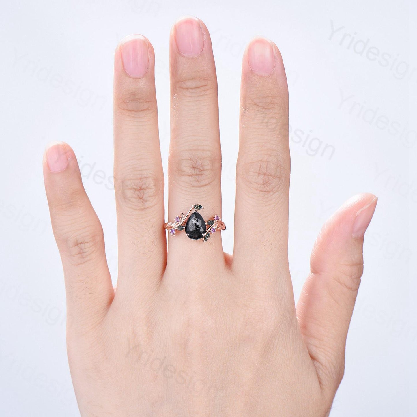 Natural inspired Flower Salt And Pepper Diamond Ring Twig Vine Pear Shaped Engagement Ring Leaf Amethyst marquise moss agate Wedding Ring - PENFINE