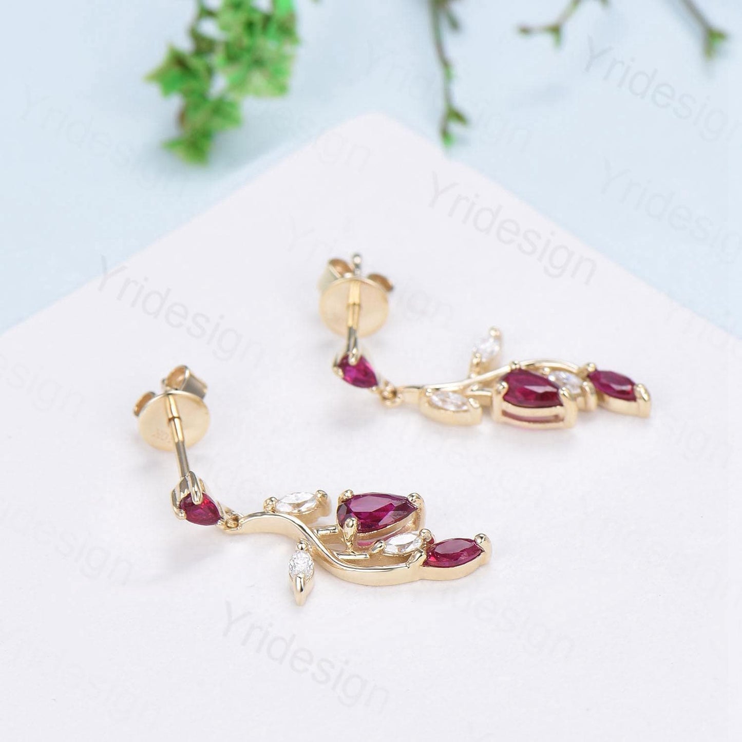 Elegant Ruby Earrings Nature Inspired Red Ruby Stud Earrings July birthstone Earrings Solid 14K Yellow Gold Vintage Leaves Earrings Women - PENFINE