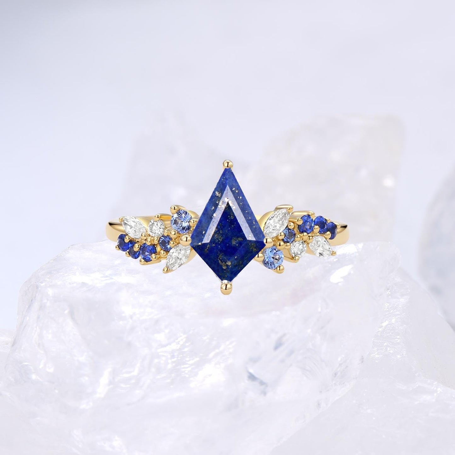 Vintage Black Gold Lapis Lazuli Engagement Ring Set Kite Cut Unique Cluster Sapphire Lapis Lazuli Bridal Ring Set Anniversary Gift For Her - PENFINE
