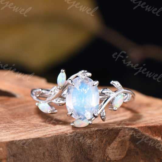 Oval Moonstone Engagement Ring, Leaf Vine Opal Accent, 14K Gold - PENFINE