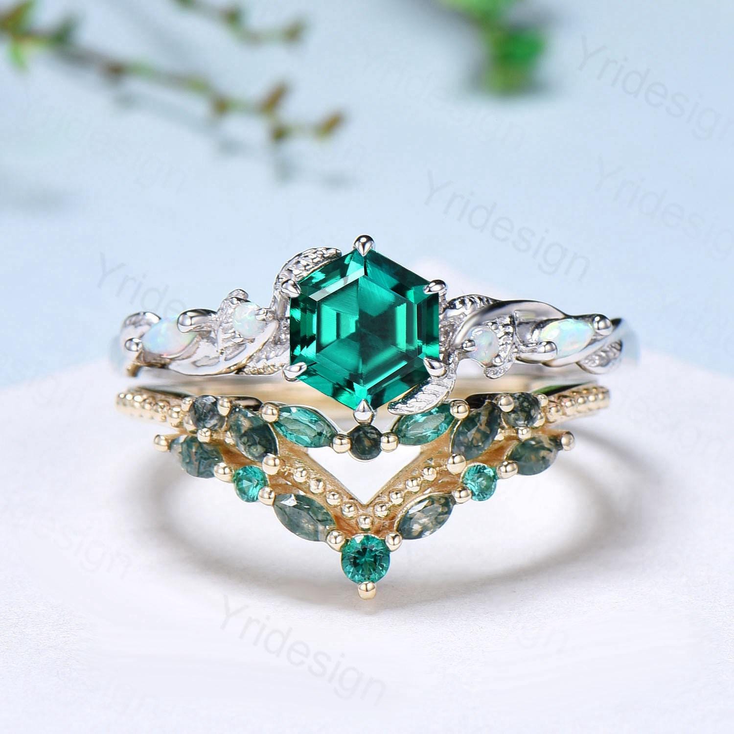 Unique hexagon cut emerald wedding set, Nature Inspired opal emerald e Unique hexagon cut emerald wedding set, Nature Inspired opal emerald e