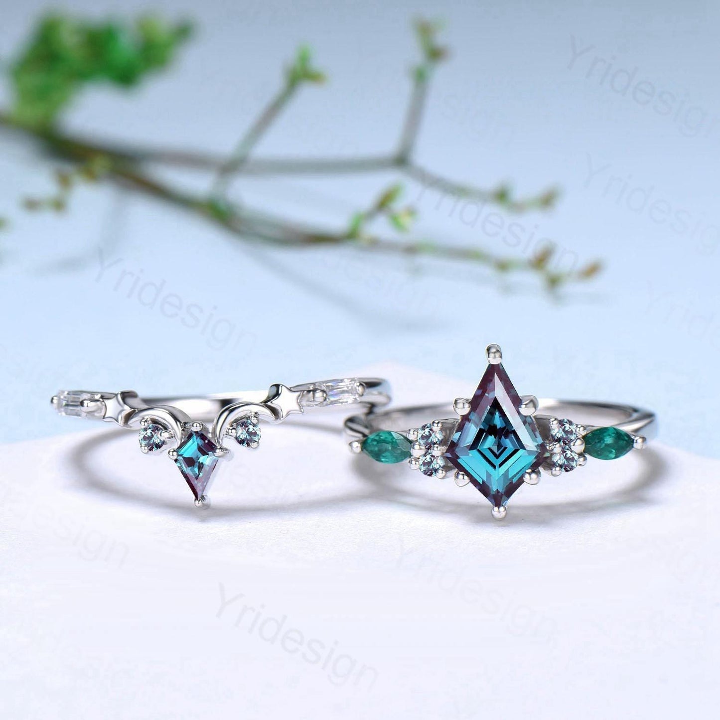 Unique kite cut Alexandrite engagement ring set silver white gold art deco marquise emerald wedding ring set for women 2pcs star bridal set - PENFINE